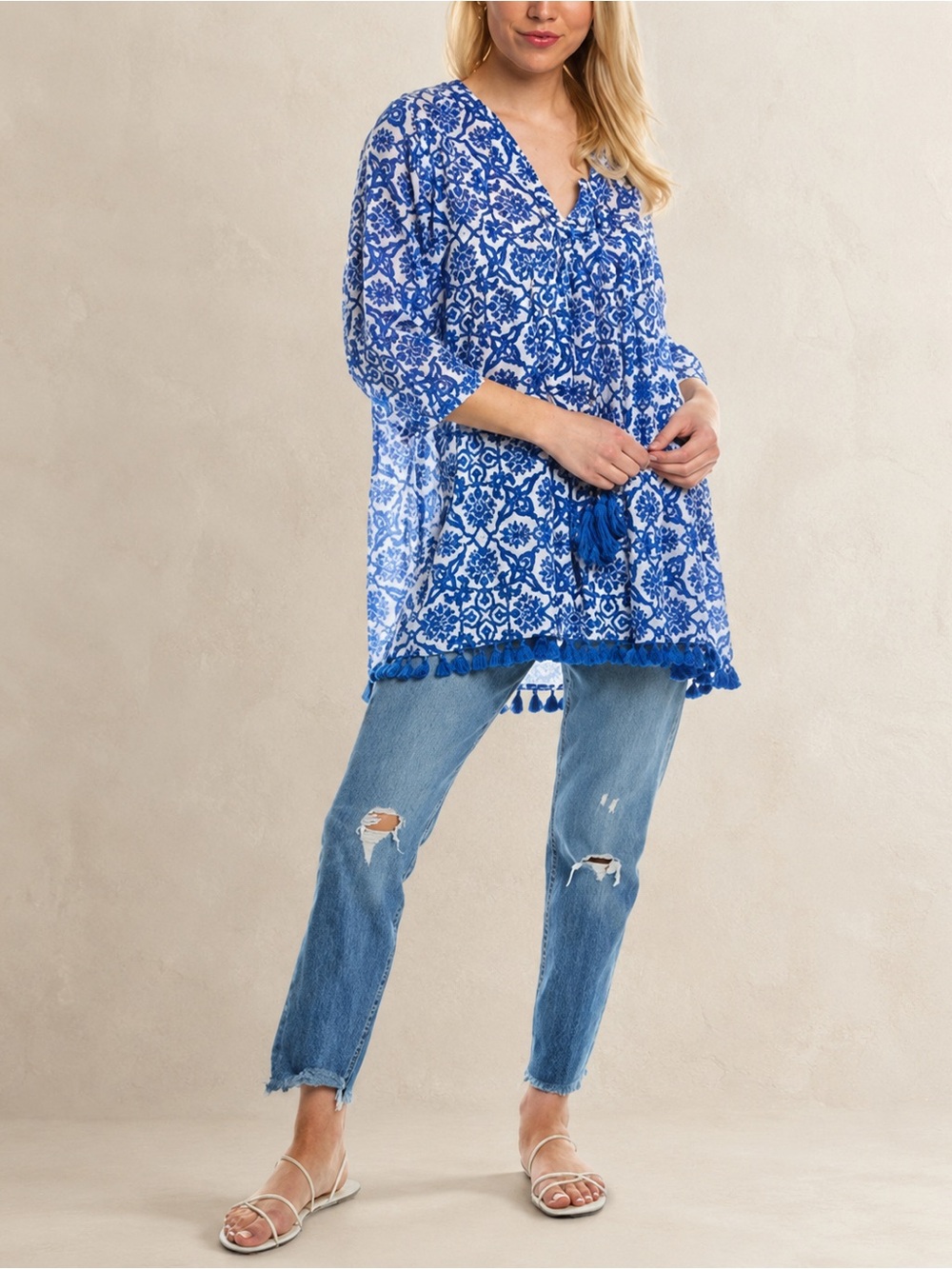 Ro’s Garden Cotton Seychelles Tunic Blue White Tile Block Print Tassel Sz Small